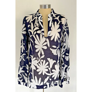TORY BURCH Size 12 Blue White Floral Long Sleeve Semi-Sheer Lightweight Tunic